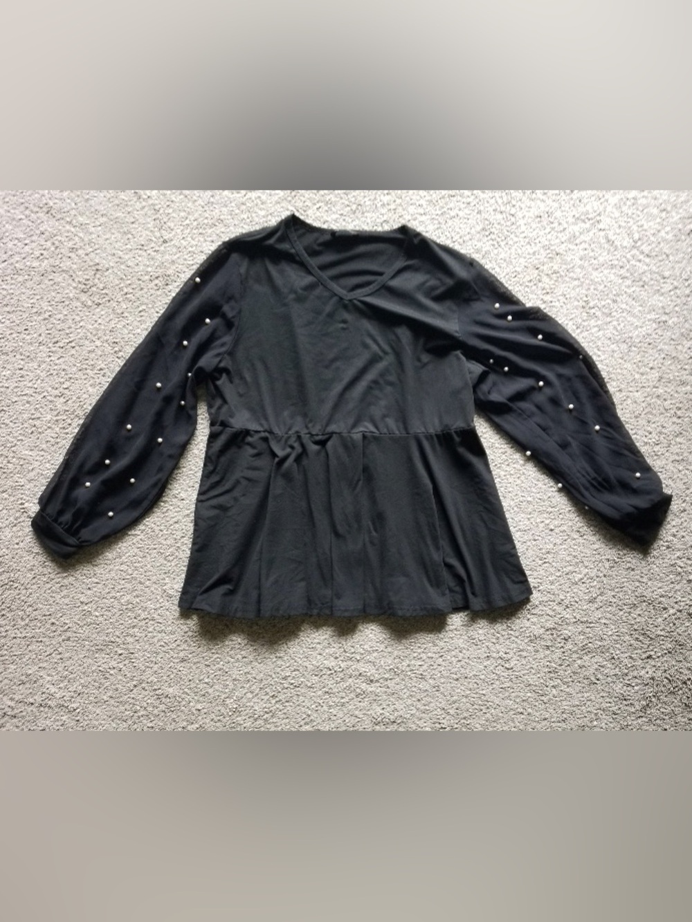SHEIN Black Long-Sleeve Peplum Top with Pearl Accents